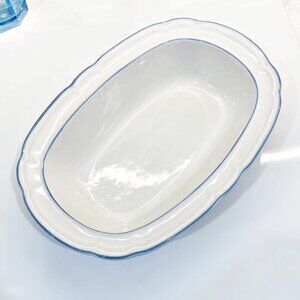 Floral Expressions Hearthside Oval Vegetable Bowl White Blue Scallop Edge